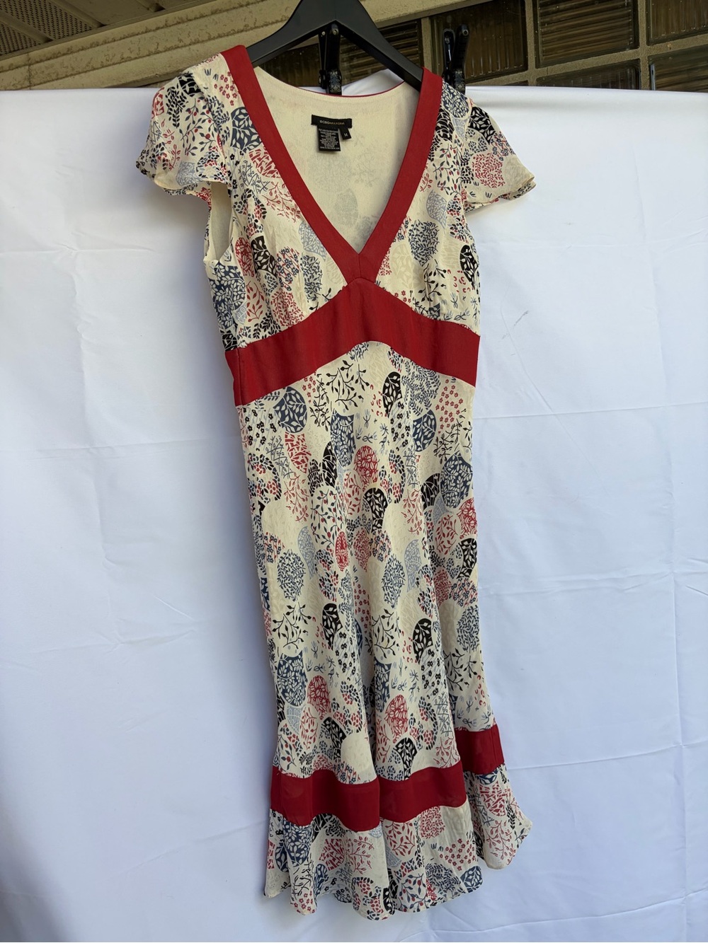 BCBGMaxAzria Cream Midi Dress with Red Trim and Navy Floral